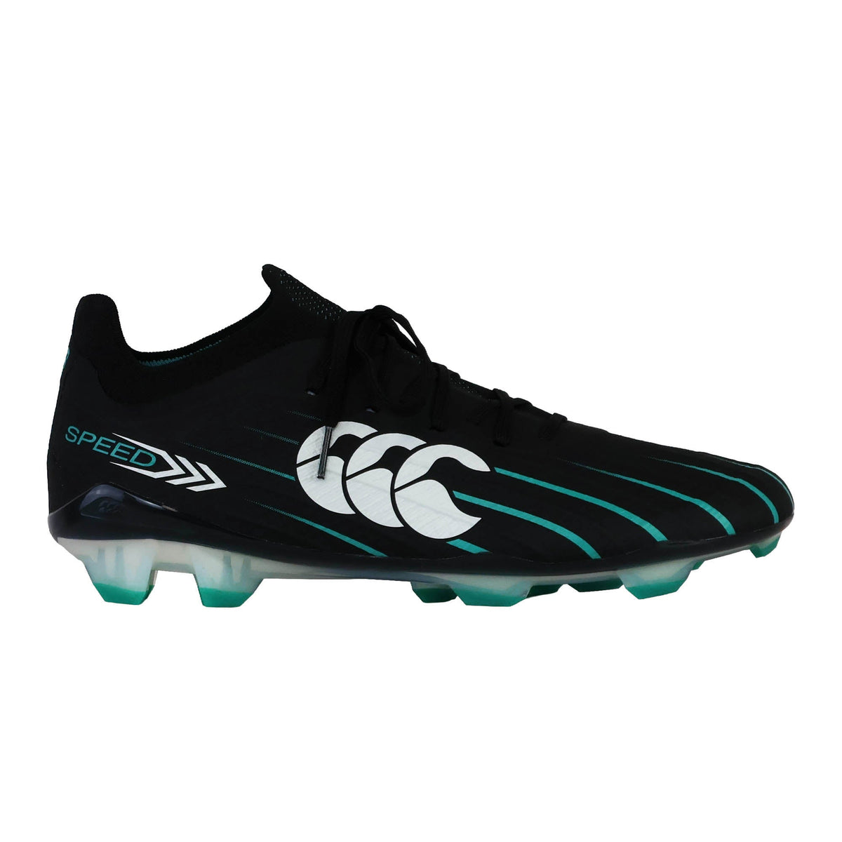 The Canterbury Speed Falcon 2.0 Elite FG soccer cleat in Jet Black and Baltic Green features a bold “SPEED” graphic, white Canterbury logo, and multiple thin teal stripes along the side profile—purpose-built for lightweight speed inspired by elite rugby boots.