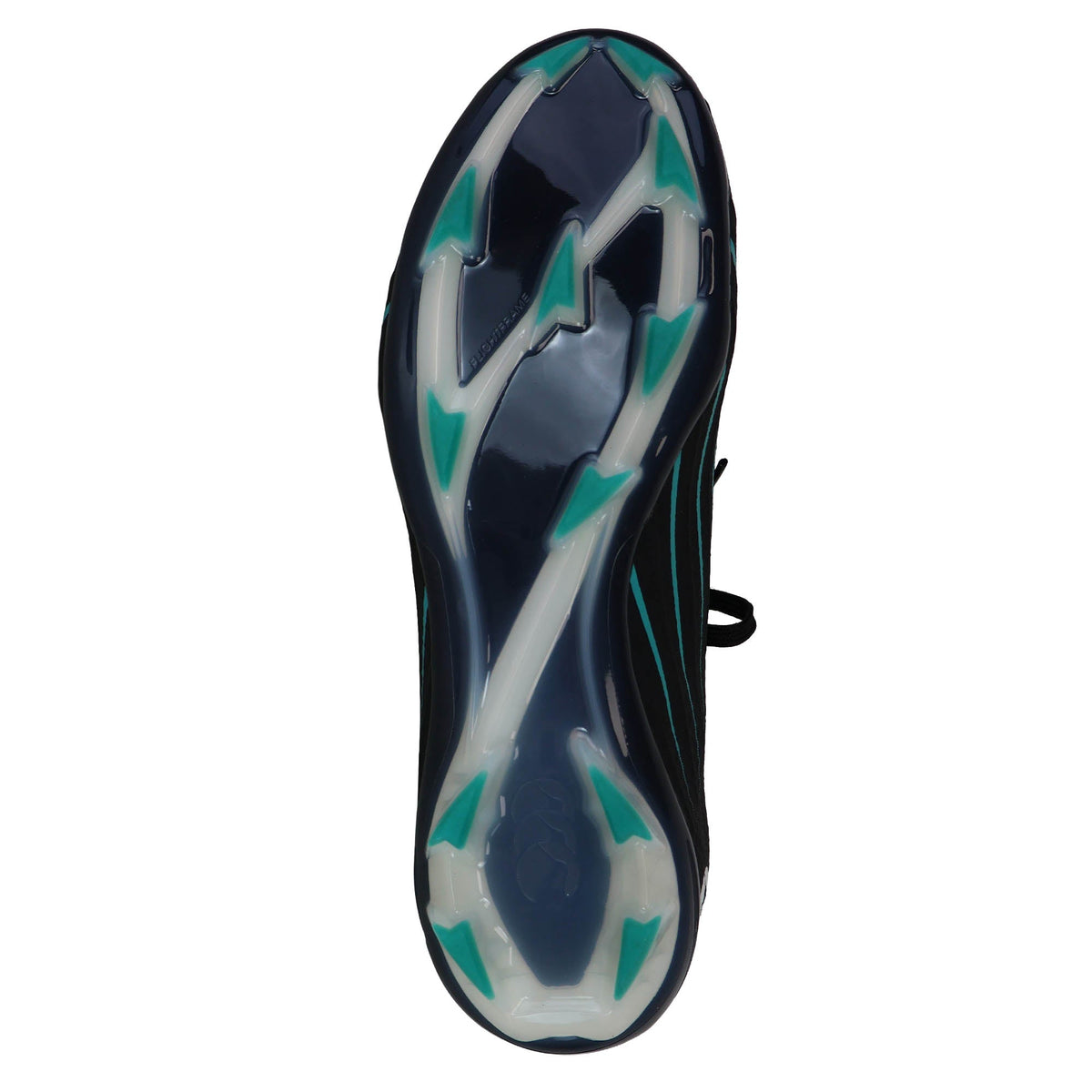 The image displays the sole of a Canterbury Speed Falcon 2.0 Elite FG rugby boot in Jet Black/Baltic Green, featuring turquoise and white tread accents. Designed by Canterbury for lightweight speed, these boots deliver agility and traction on the field.