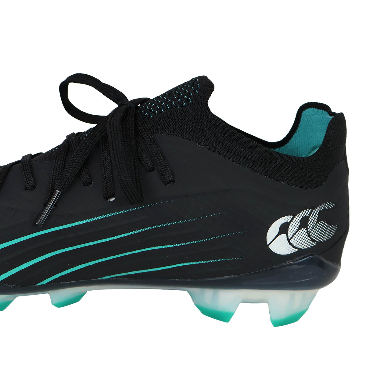 Shown in a side profile view, the Canterbury Speed Falcon 2.0 Elite FG - Jet Black/Baltic Green rugby boot features a sleek black design with Baltic green accents, black laces, a white Canterbury logo on the side, and a sole with green studs. Engineered for lightweight speed, these Canterbury boots offer exceptional performance and stylish flair on the pitch.