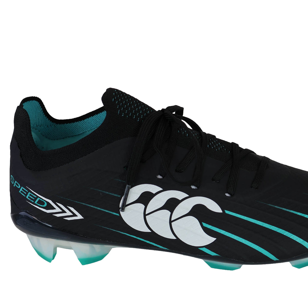The Canterbury Speed Falcon 2.0 Elite FG rugby boots in Jet Black/Baltic Green showcase a striking black design highlighted by white and teal accents, including a prominent “SPEED” label and large white Canterbury logo on the side. Engineered with molded studs for firm ground play, these boots are built to deliver lightweight speed on the rugby field.