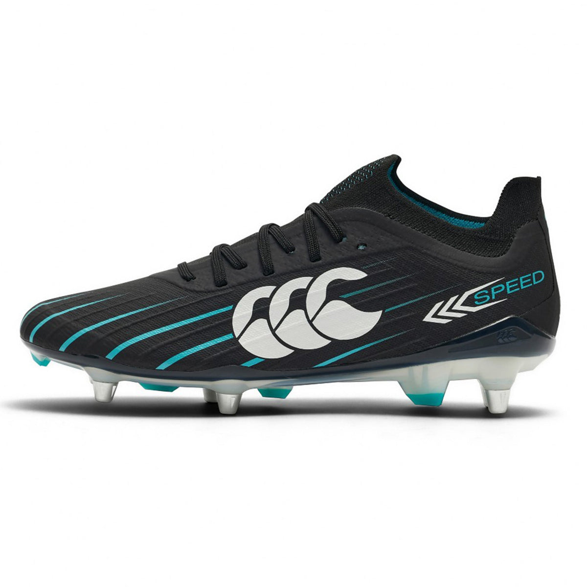 The Canterbury Speed Falcon 2.0 Elite SG rugby boot by Canterbury comes in Jet Black with Baltic Green accents, showcases a prominent white logo on the side labeled “Speed,” and is equipped with metal studs on the sole to deliver optimal performance on soft ground.