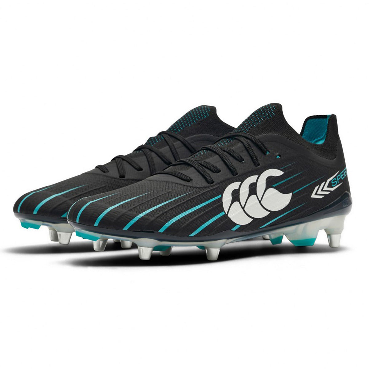 A pair of Canterbury Speed Falcon 2.0 Elite SG rugby boots in Jet Black and Baltic Green, featuring white Canterbury branding and molded studs for soft ground, displayed against a white background.