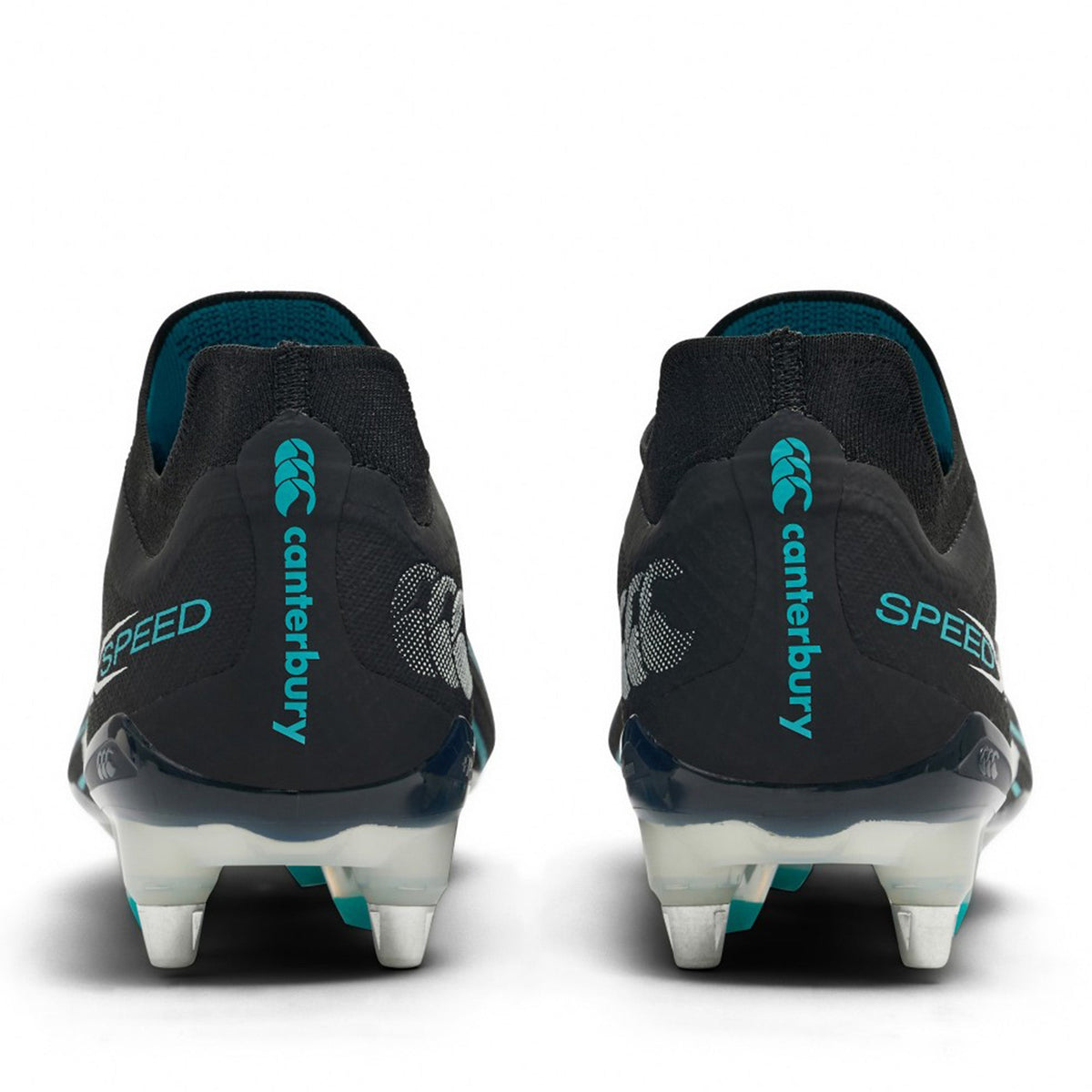 Rear view of two Canterbury Speed Falcon 2.0 Elite SG rugby boots in Jet Black and Baltic Green, featuring metal studs for soft ground, teal Canterbury branding, and "SPEED" printed on the heels.