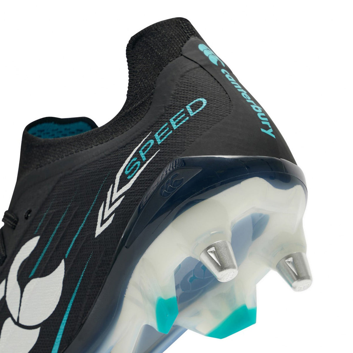 Close-up of the heel and sole of a Canterbury Speed Falcon 2.0 Elite SG rugby boot in Jet Black/Baltic Green, featuring metal studs for soft ground, with "SPEED" and "Canterbury" displayed on the side.