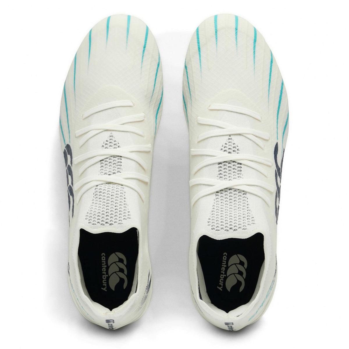 Top view of a pair of Canterbury Speed Falcon 2.0 Elite SG rugby boots in White/Baltic Green, featuring mesh detailing, Canterbury branding inside the heel area, and designed for optimal performance on soft ground.