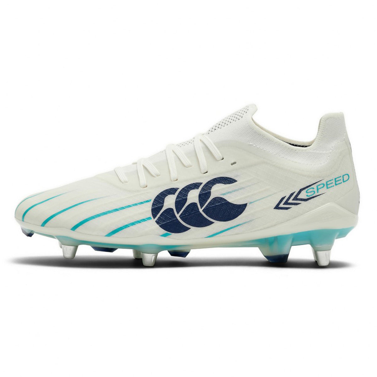 White soft ground rugby boot with baltic green stripes, a baltic green “Speed” label, and a large dark blue logo on the side. The Canterbury Speed Falcon 2.0 Elite SG by Canterbury features metal studs on the sole for excellent traction in challenging conditions.