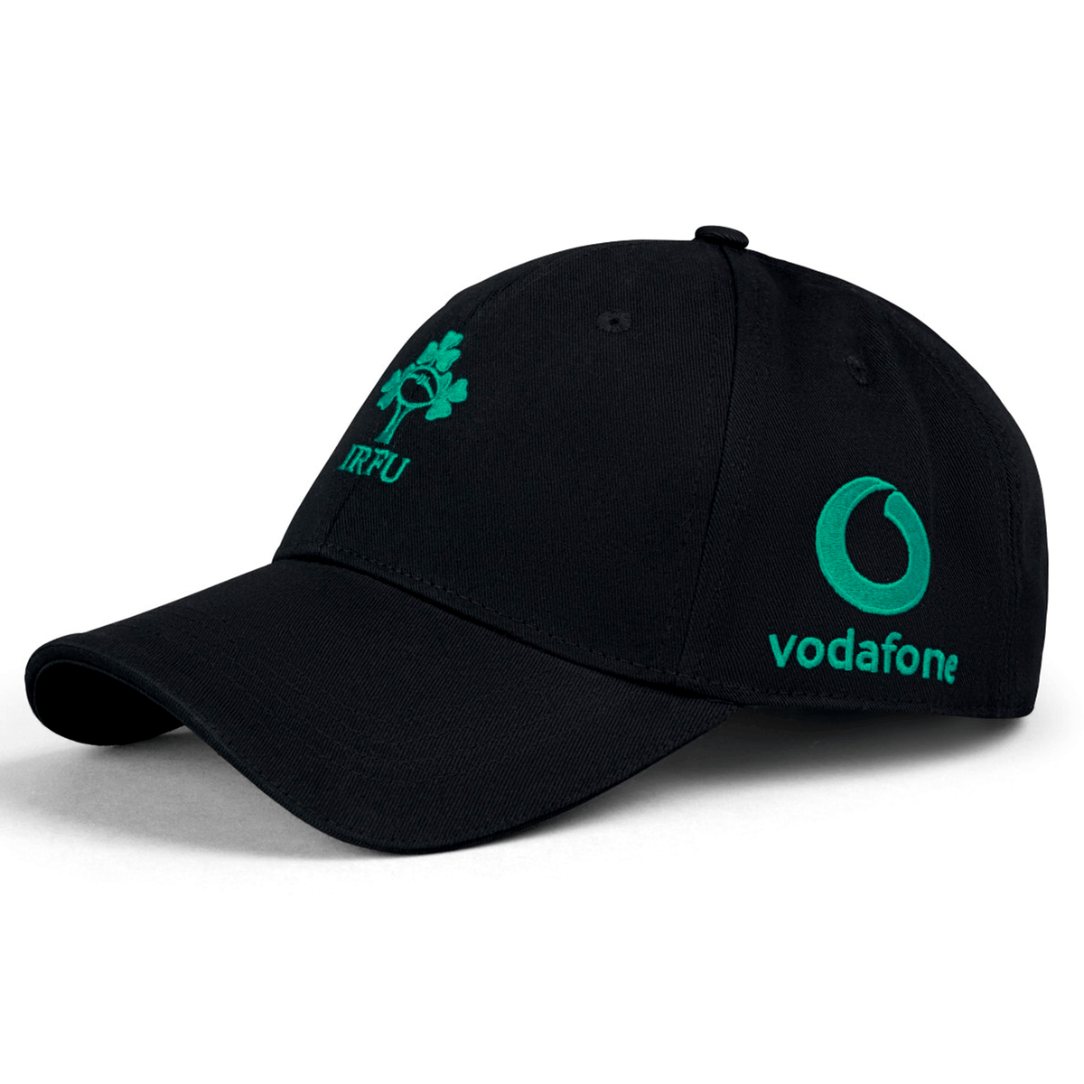 The Ireland 25/26 Drill Cap by Canterbury is a black cap in classic Canterbury style, featuring the IRFU logo on the front and the green Vodafone logo on the side.