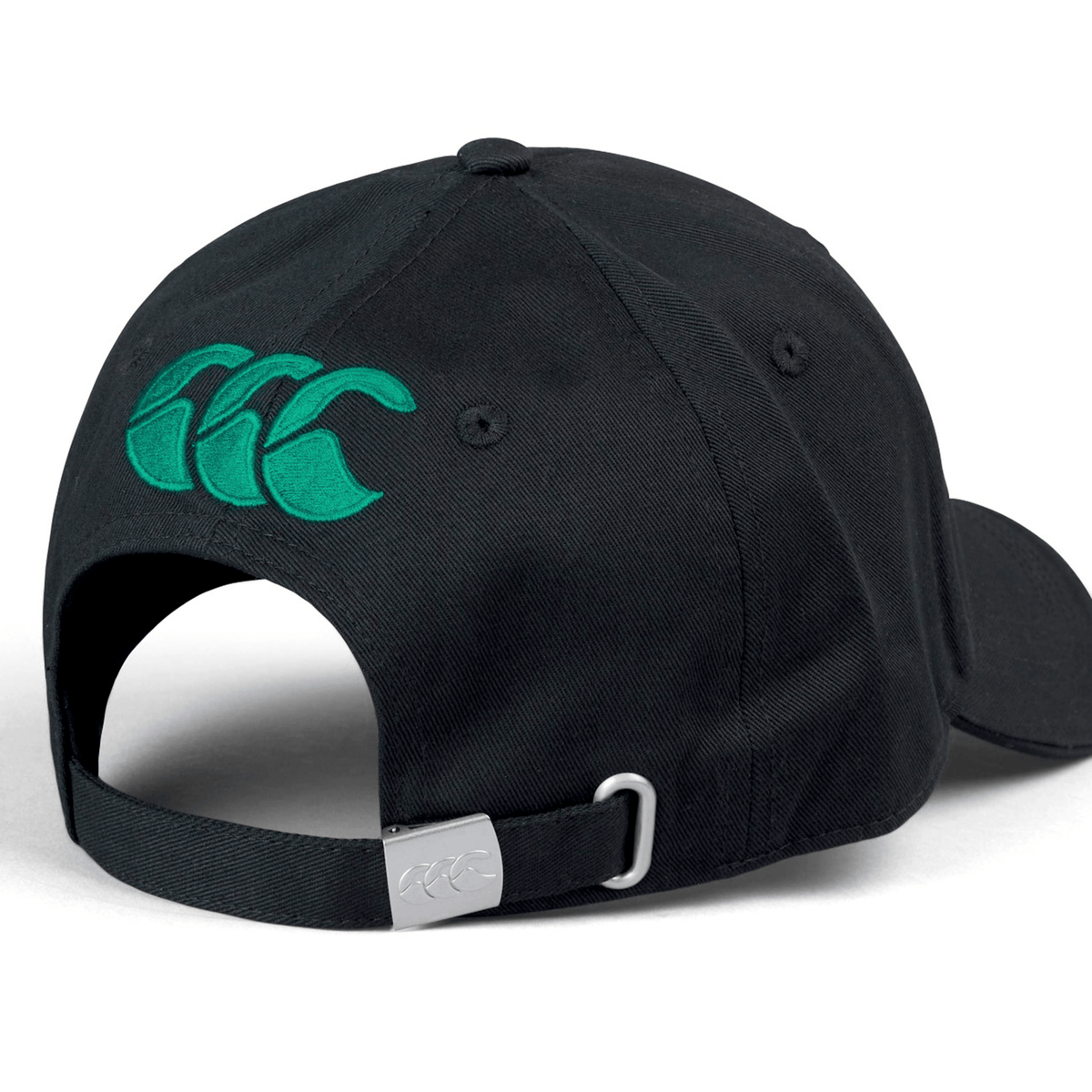The Ireland 25/26 Drill Cap by Canterbury features a green embroidered logo on the back, an adjustable fabric strap, and a metal clasp—ideal for Ireland rugby fans and players.