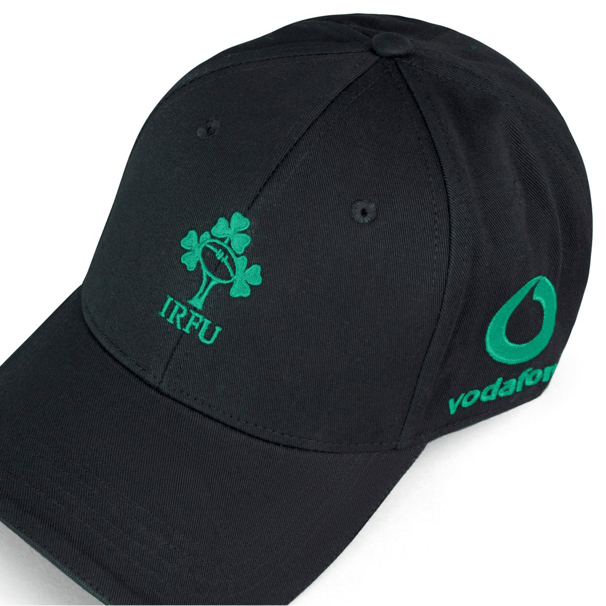 The Ireland 25/26 Drill Cap by Canterbury features the IRFU shamrock embroidered on the front and a green Vodafone logo on the side. A stylish black cap, it's perfect for fans of Irish rugby.