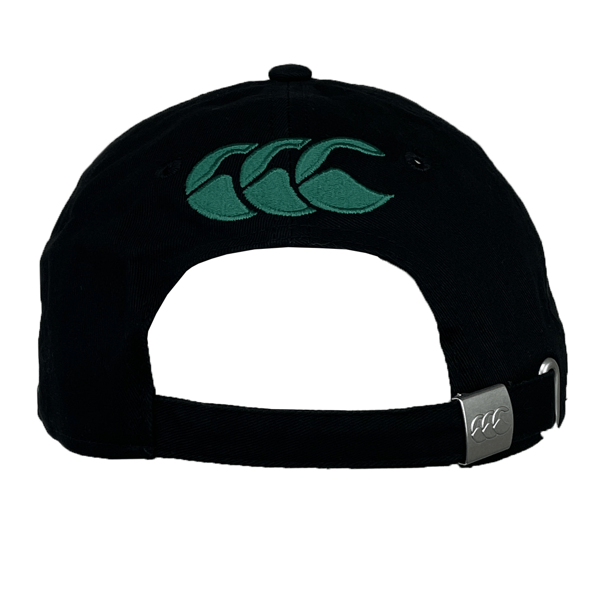 The Ireland 25/26 Drill Cap by Canterbury is black, features a green embroidered logo on the back, and includes an adjustable strap with a metal clasp.