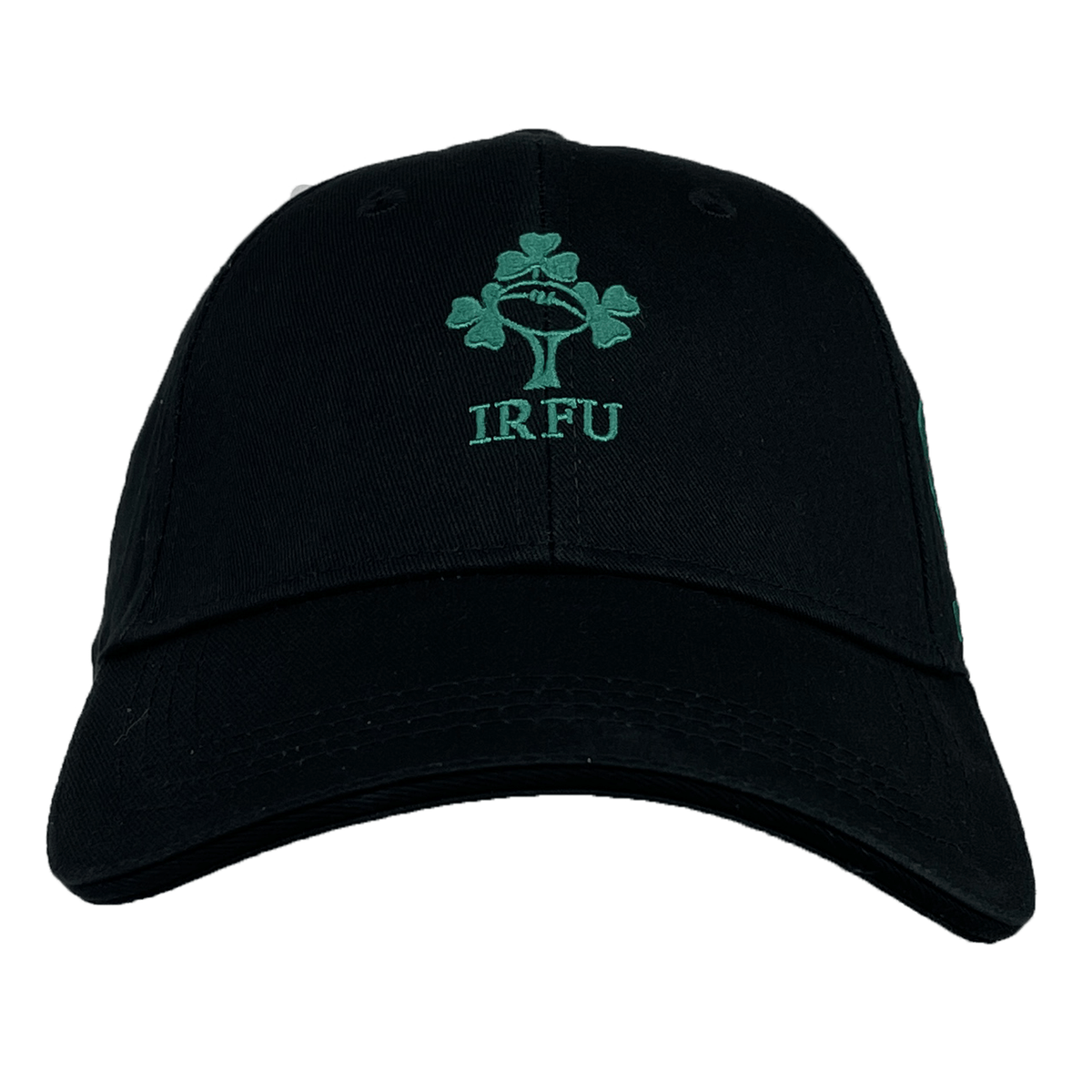 The Ireland 25/26 Drill Cap by Canterbury is a black rugby cap featuring the IRFU logo with a green shamrock and rugby ball—a classic accessory for fans.