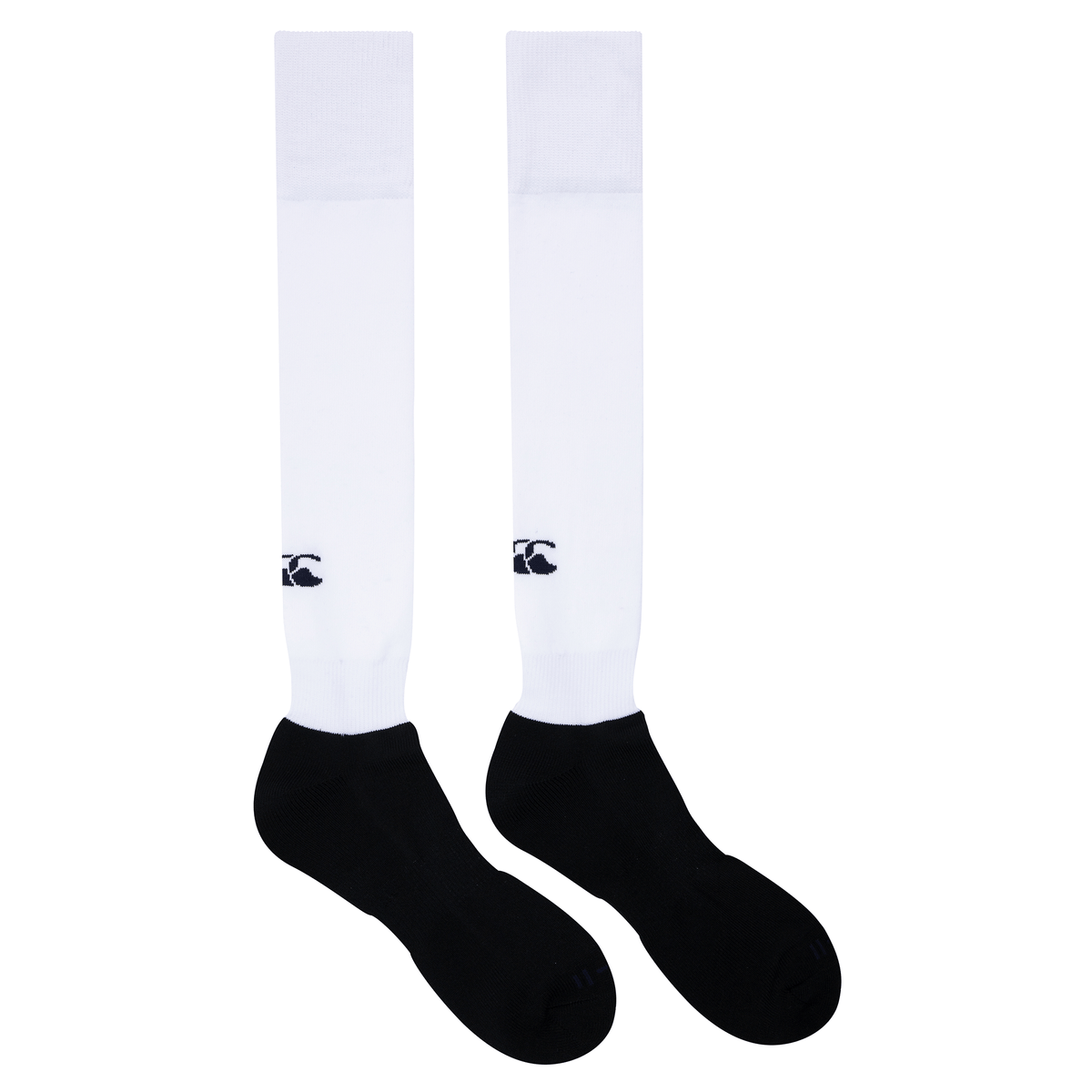 A pair of Canterbury Club Socks in black and white on a white background.