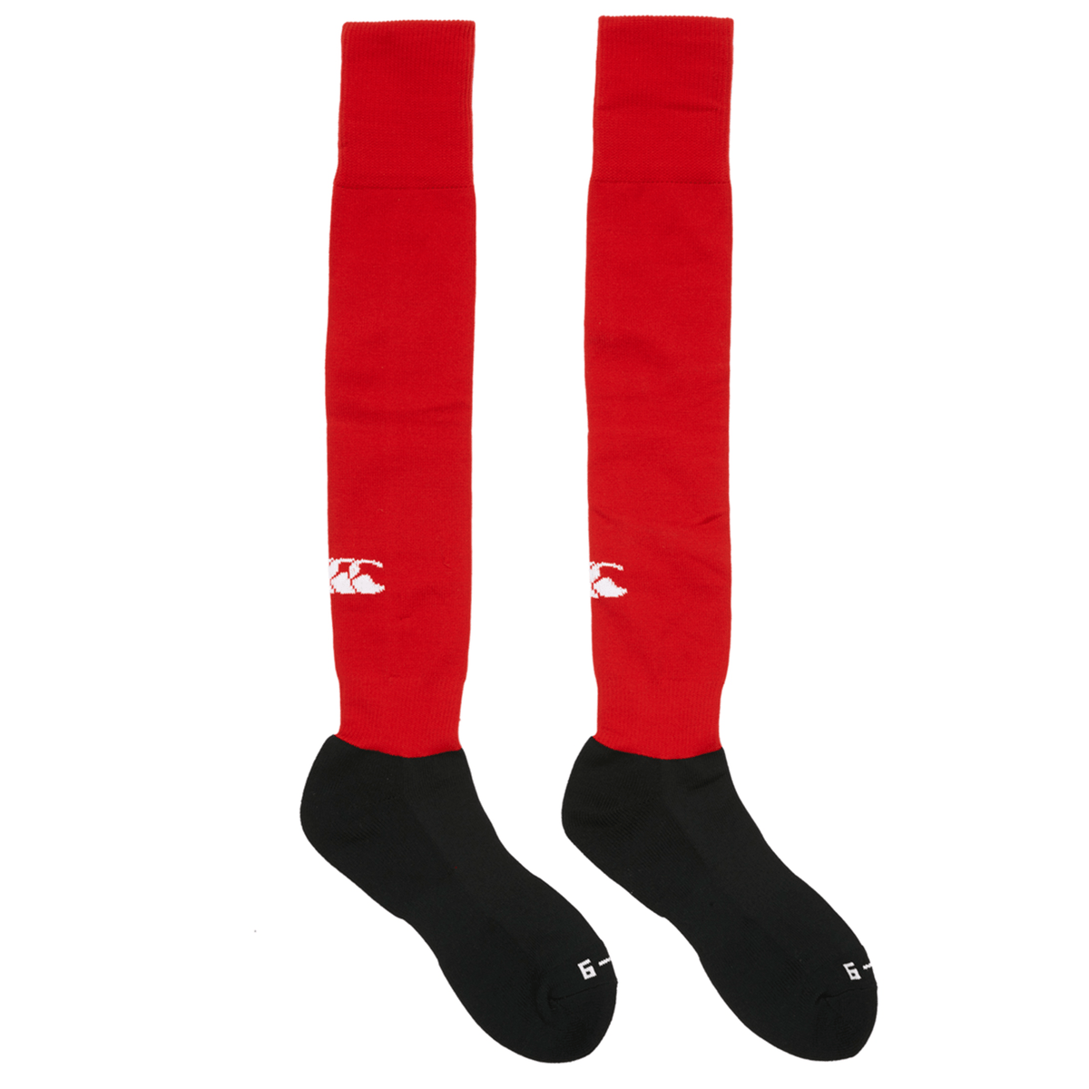 A pair of Canterbury Club Socks, one red and one black.