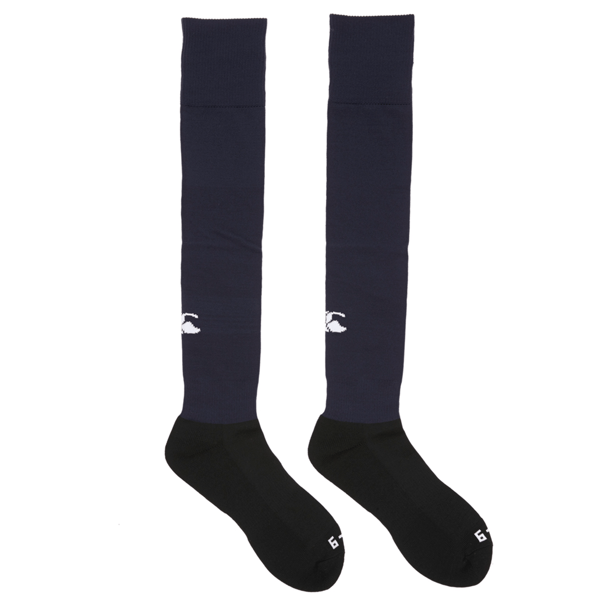 A pair of black Canterbury Club Socks with white logos from Canterbury.