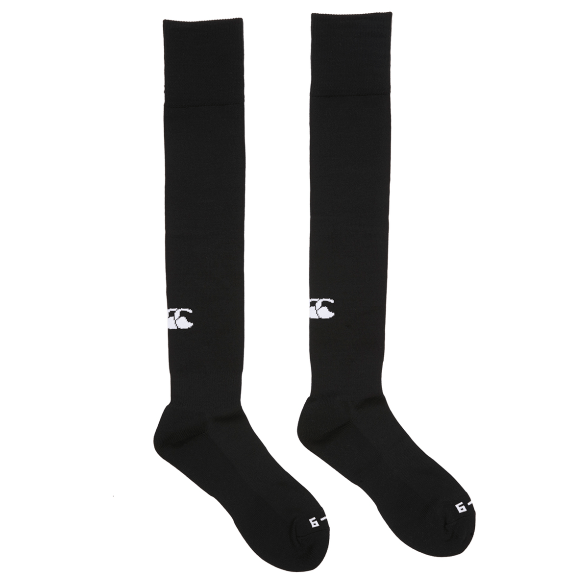 A pair of black Canterbury Club Socks with white Canterbury logo.