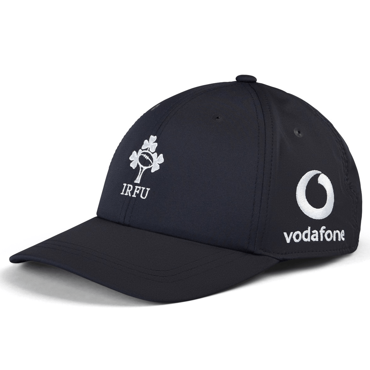 The Ireland 25/26 Tech Logo Cap by Canterbury is a black adjustable sports cap featuring the IRFU Ireland logo on the front and Vodafone branding on the side.