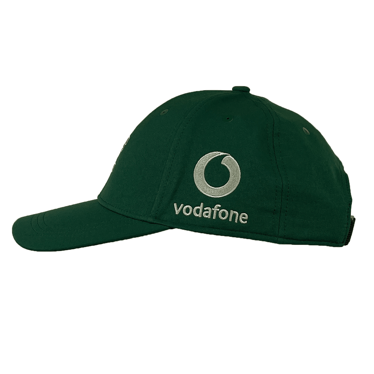 The Ireland 25/26 Tech Logo Cap by Canterbury is a dark green adjustable sports cap featuring the Vodafone logo and white embroidered text on the side, inspired by the classic Ireland Tech Logo Cap.