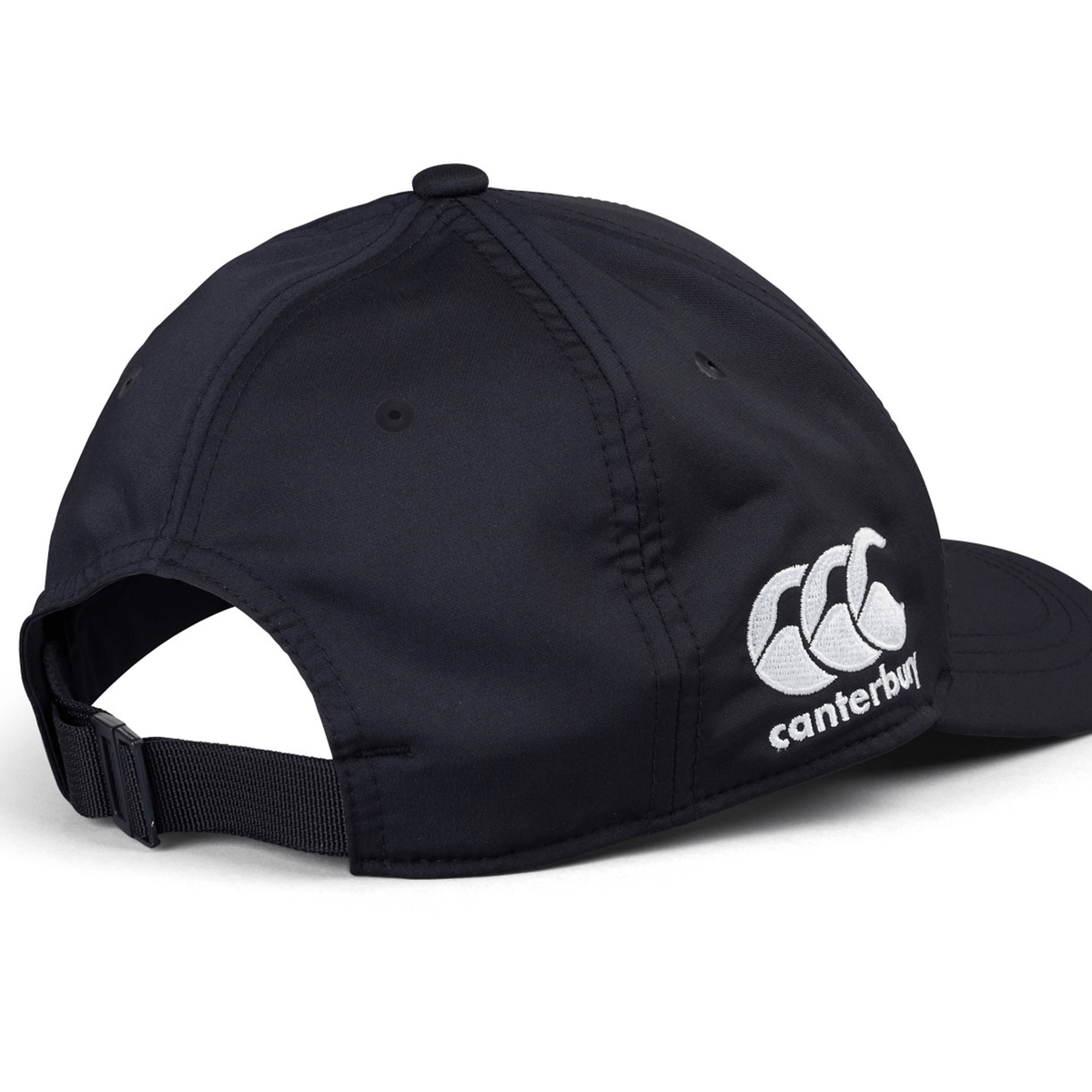 The Ireland 25/26 Tech Logo Cap by Canterbury is a black adjustable sports cap featuring a white Canterbury logo on the side—ideal for everyday wear.