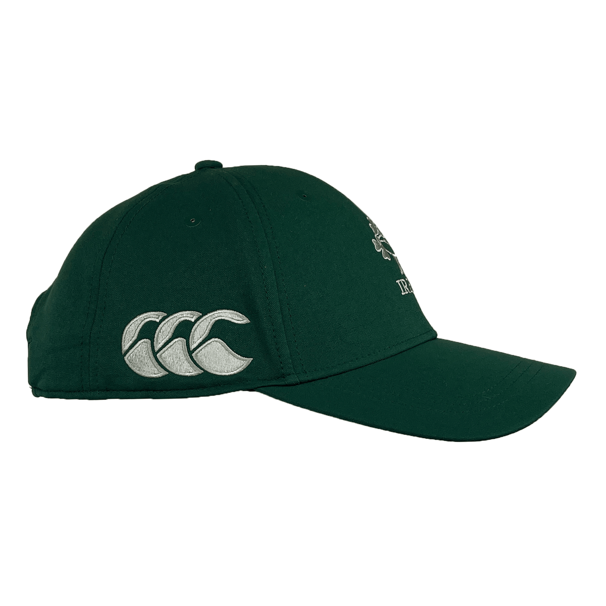 The Ireland 25/26 Tech Logo Cap by Canterbury is a dark green adjustable sports cap with a curved brim, featuring Canterbury&#39;s white Ireland tech logo of three overlapping arcs on the side.