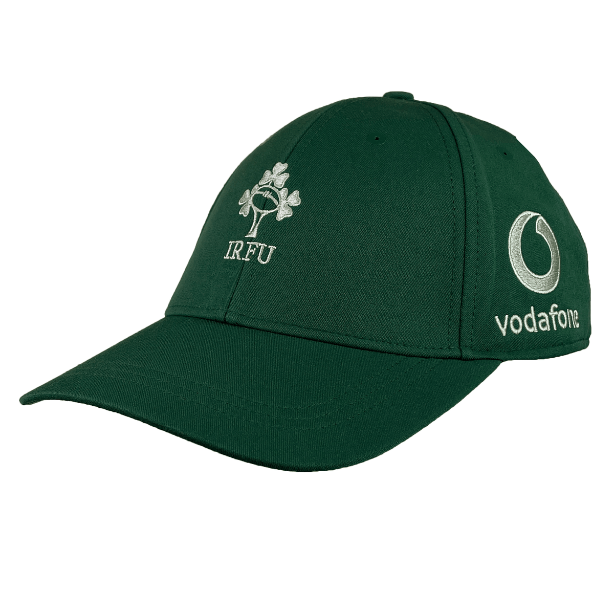 The Ireland 25/26 Tech Logo Cap by Canterbury is a green adjustable sports cap featuring the IRFU and Vodafone logos—ideal for any rugby fan.