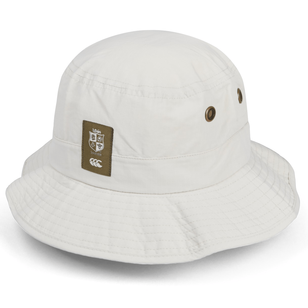 The British &amp; Irish Lions 2025 Outback Wide Brim Bucket Hat by Canterbury is a white bucket hat featuring a stitched logo on one side, ventilation eyelets, and made from quick-dry ripstop fabric for enhanced durability.