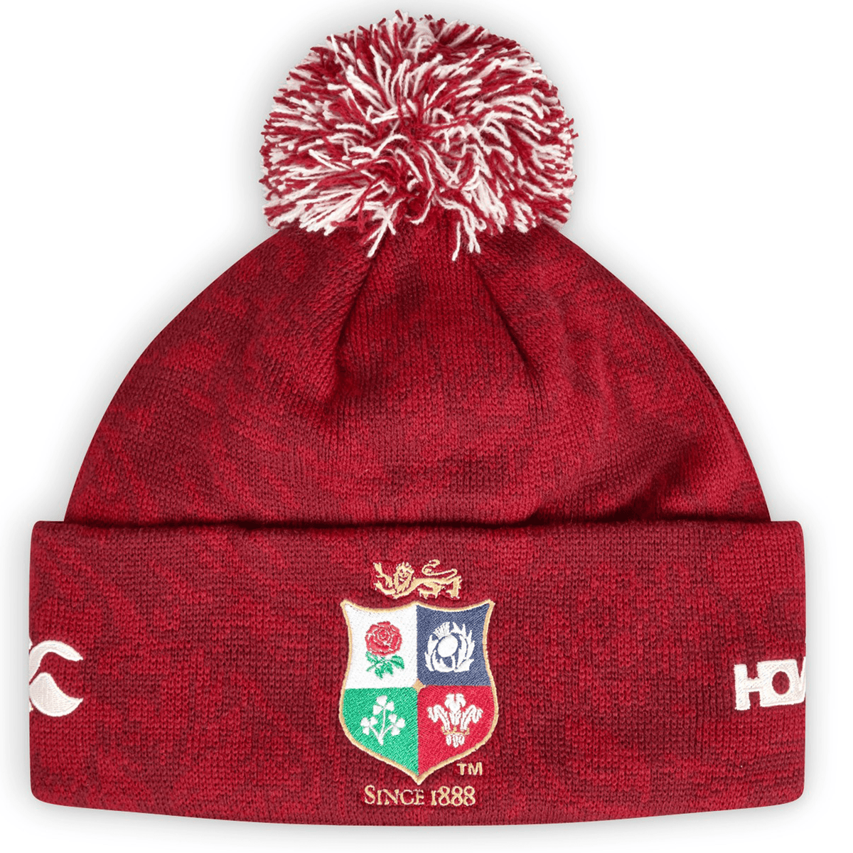 A British &amp; Irish Lions 2025 Pom-Pom Beanie by Canterbury, featuring a red dahlia knit with a multicolored crest and the text "Since 1888.