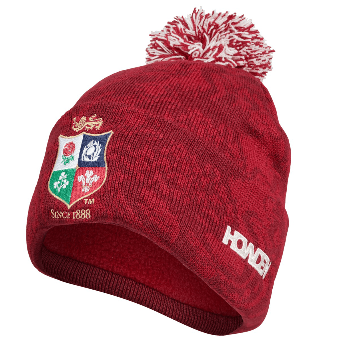 The British &amp; Irish Lions 2025 Pom-Pom Beanie by Canterbury is a cozy red beanie featuring the iconic British &amp; Irish Lions logo, the "Since 1888" text, and Homer's signature on the side. Expertly crafted by Canterbury, it offers a touch of heritage warmth.
