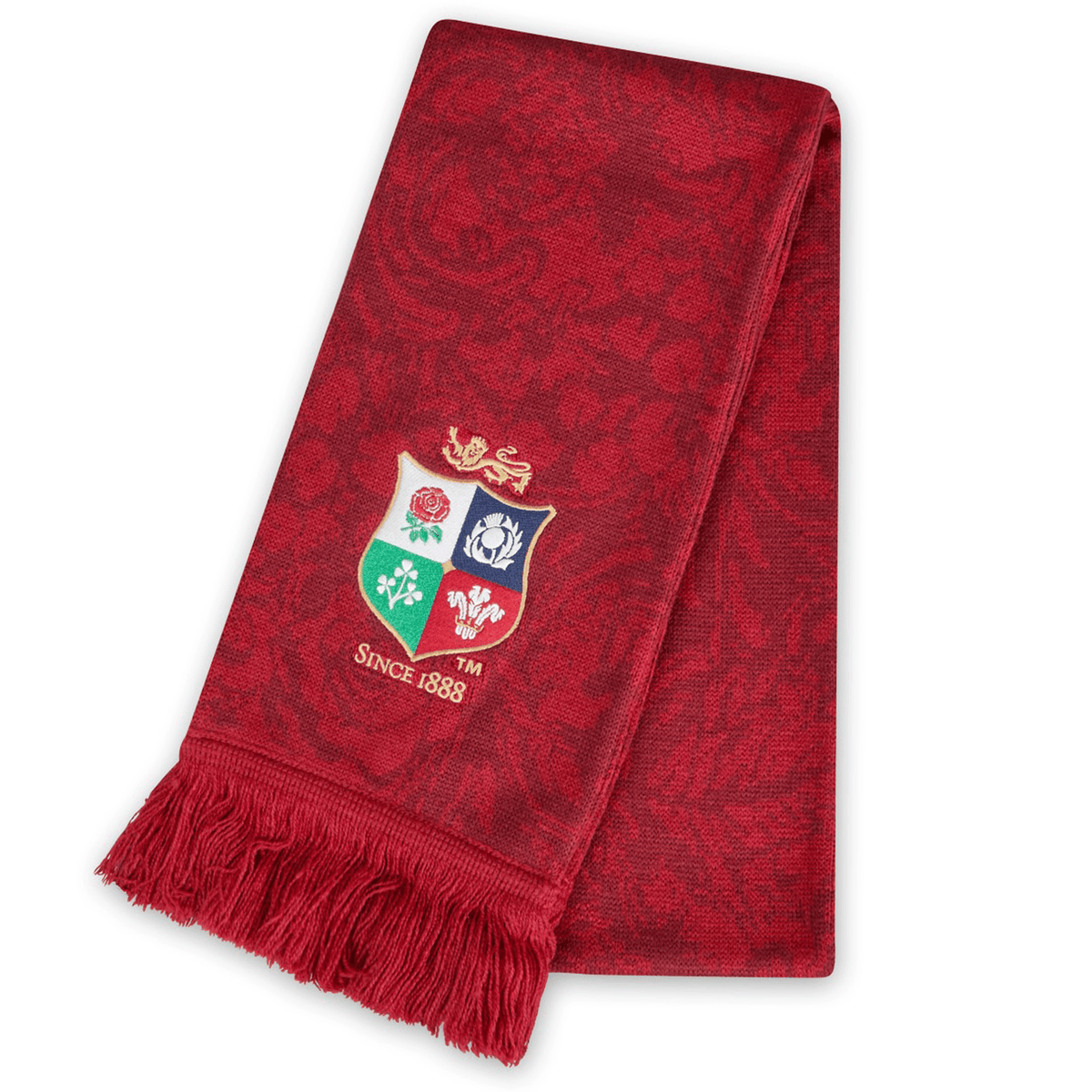 British &amp; Irish Lions 2025 Supporters Scarf by Canterbury: A red scarf with fringed ends, showcasing a crest with four emblems and the text "Since 1888," this piece elegantly embodies Canterbury's branding, making it perfect for any British &amp; Irish Lions enthusiast.