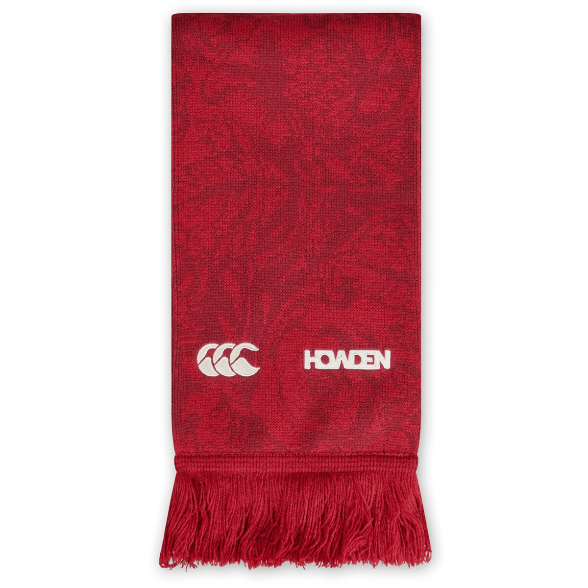 Intricately patterned red scarf, showcasing the Canterbury branding and logo, complete with fringe at the bottom; known as the British &amp; Irish Lions 2025 Supporters Scarf by Canterbury.