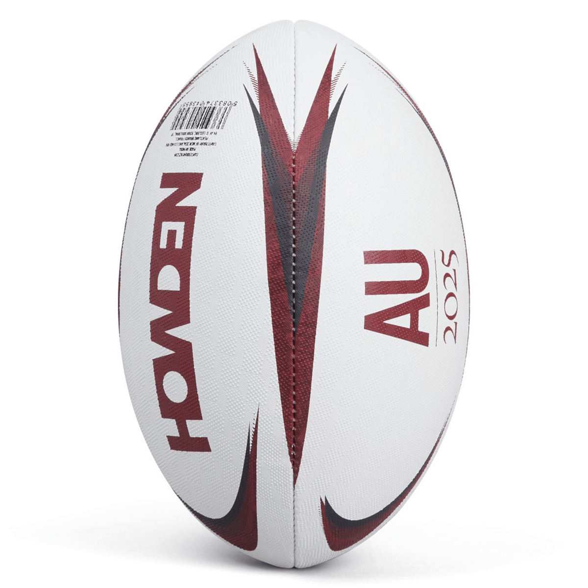 A white rugby ball made from synthetic rubber, showcasing a red and black design with tri-grip embossing. It features the text "Honden" and "AU 2025," proudly recognized as the British &amp; Irish Lions 2025 Mentre Sponsor Ball by Canterbury.