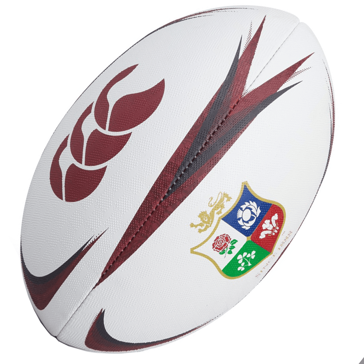 The British &amp; Irish Lions 2025 Mentre Sponsor Ball by Canterbury is a rugby ball made from synthetic rubber, featuring bold red and black designs along with a multicolored crest that pays homage to the British &amp; Irish Lions.