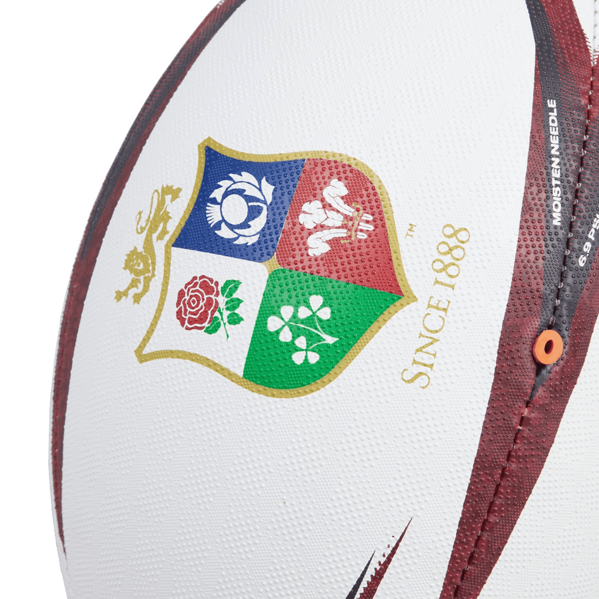 Close-up of the British &amp; Irish Lions 2025 Mentre Sponsor Ball by Canterbury, crafted from synthetic rubber and featuring a multicolored crest with four symbols alongside the text "Since 1888.