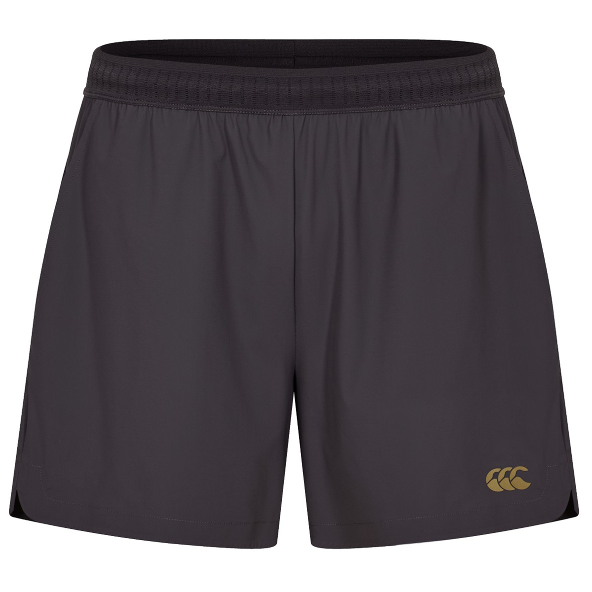 The Everest Woven Shorts by Canterbury are black rugby shorts featuring an elastic waistband and a gold Canterbury logo on the lower left leg.