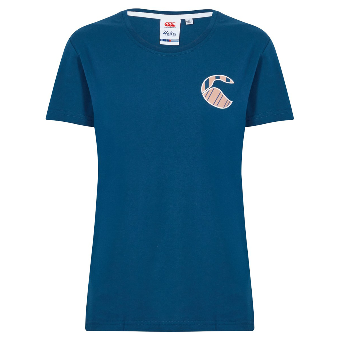 The Canterbury Women&#39;s Uglies Logo T-Shirt features short sleeves and a small beige and pink &quot;C&quot; logo on the left chest—a stylish blue tee ideal for fans of women&#39;s rugby apparel.