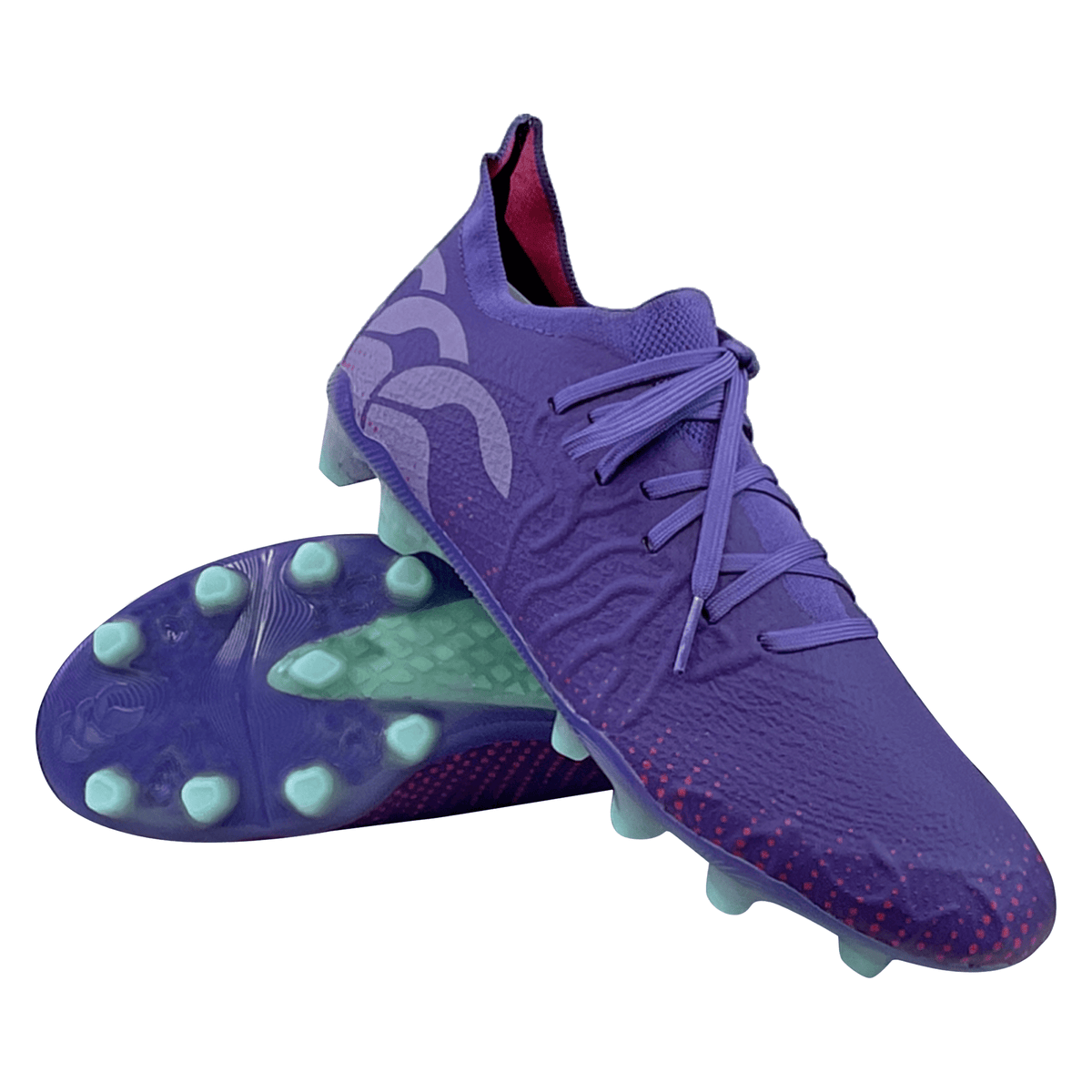 A pair of lightweight Canterbury Speed Infinite Elite FG - Prism Violet/Verbena soccer cleats with patterned design isolated on a white background.