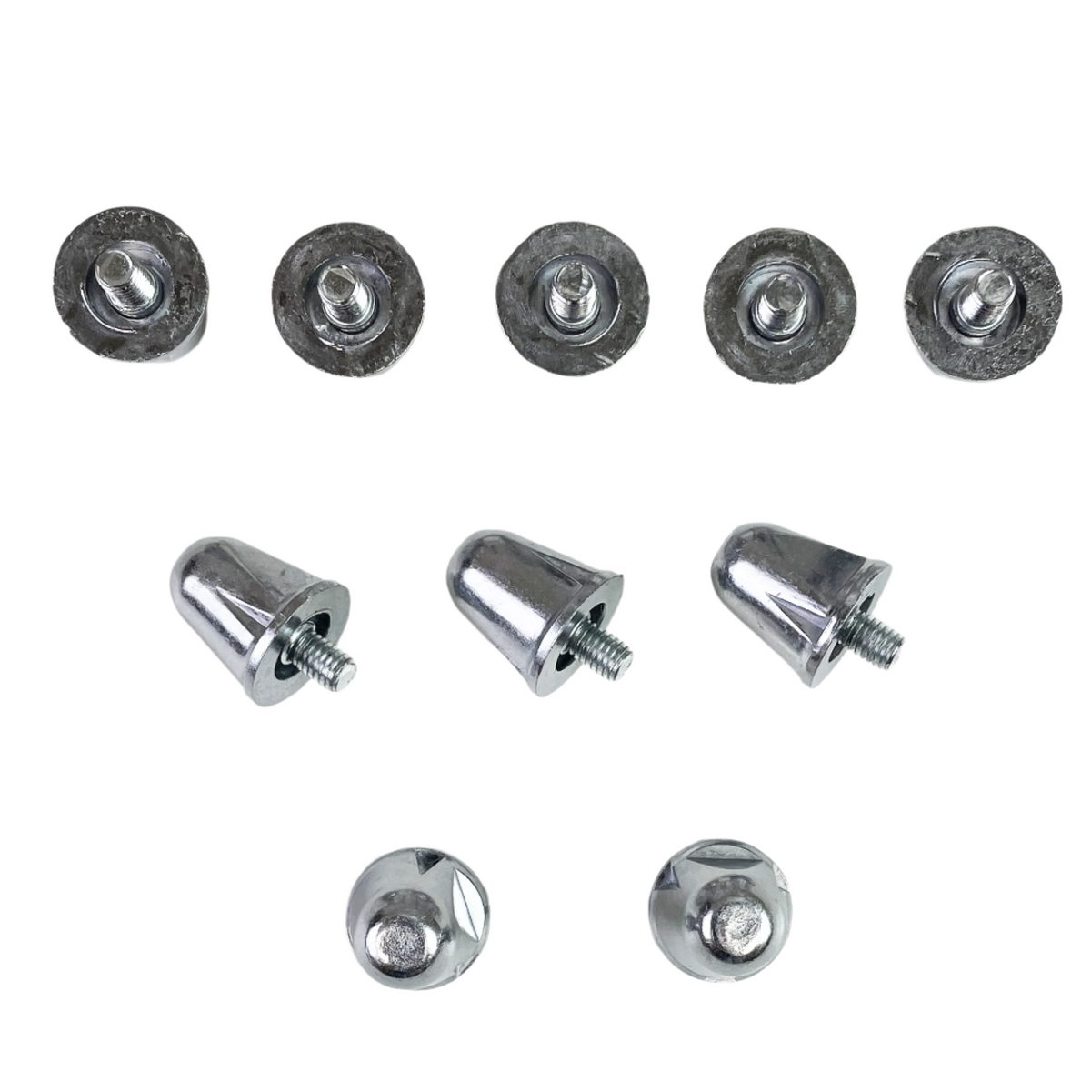 Ten aluminum bolts, featuring cylindrical and cone-shaped heads from the Stampede Performance Stud Pack by Canterbury, are arranged in two rows on a white surface.