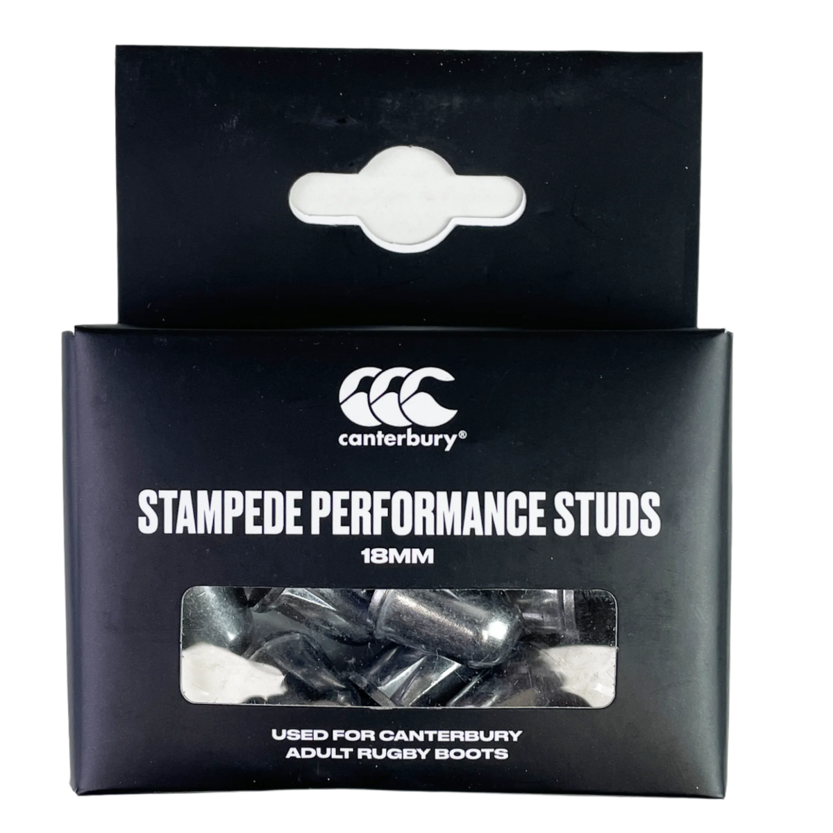 A box of Stampede Performance Stud Pack by Canterbury, 18mm, designed for rugby on soft ground, features a clear front panel.