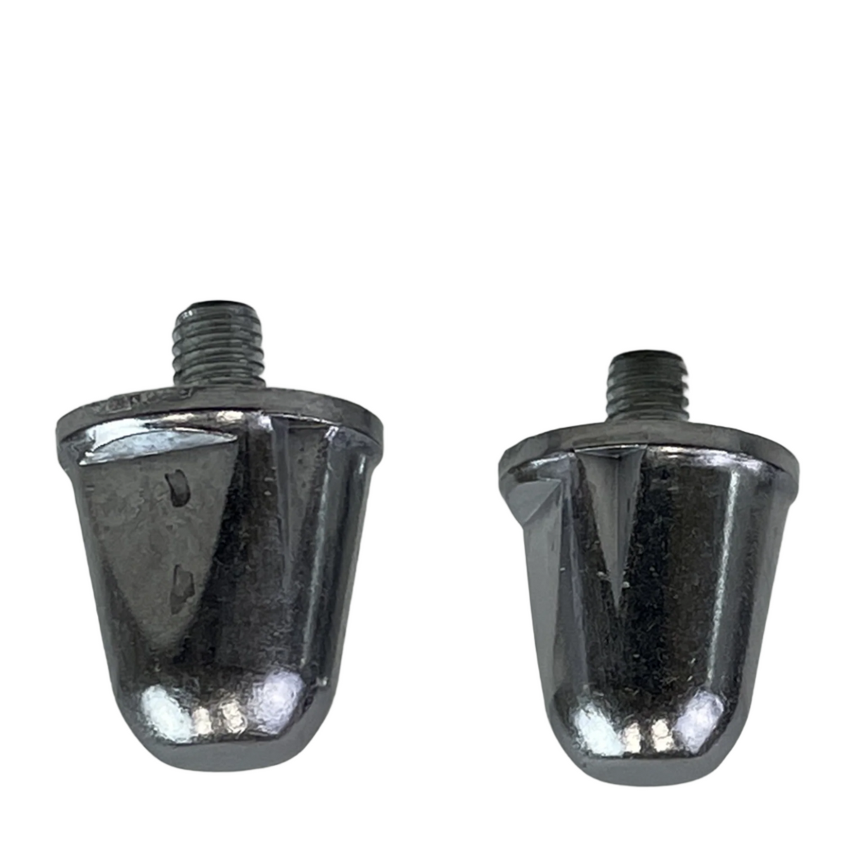Two metallic, cone-shaped hardware pieces with threaded tops, side by side against a white background, resemble the Stampede Performance Stud Pack by Canterbury, favored by rugby players.