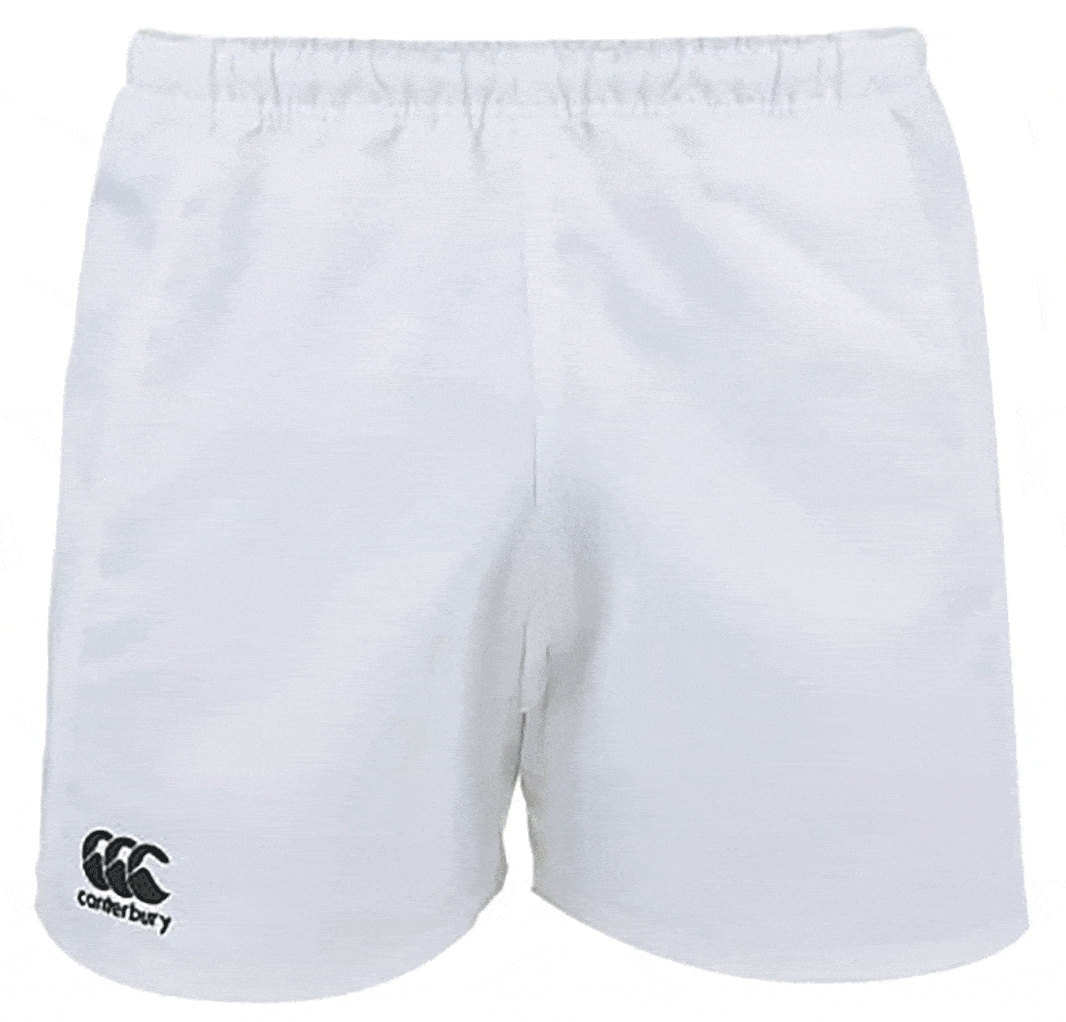 The Canterbury Advantage Short 3-Pack Bundle by Bundle Canterbury includes white sports shorts with a left leg logo, ideal for rugby or any athletic activity.