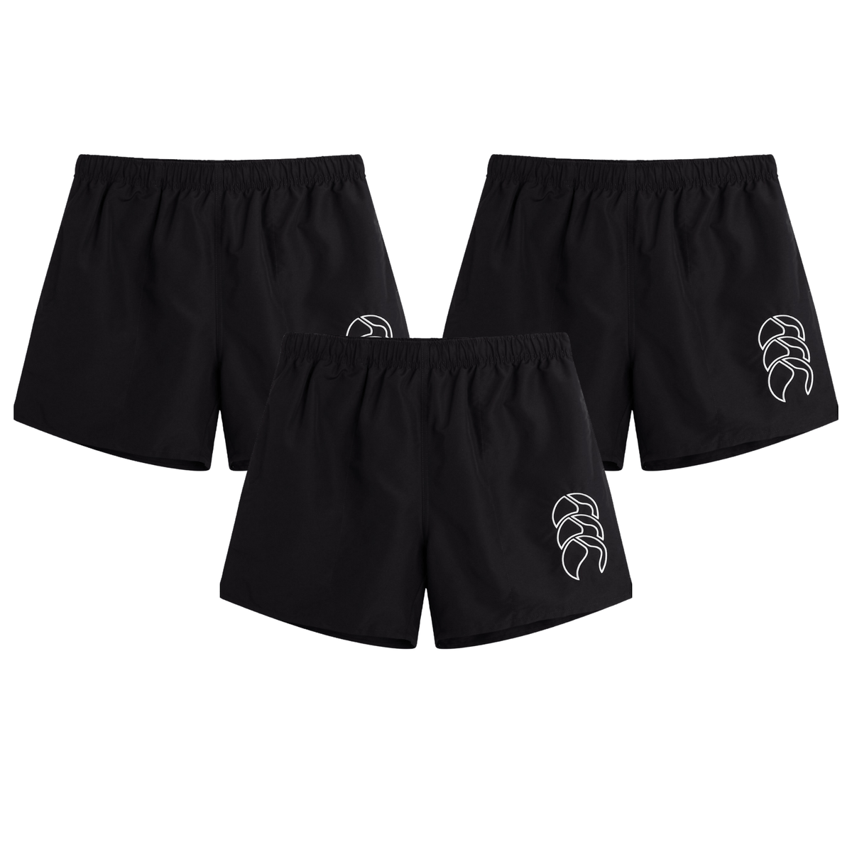 The Canterbury Tactic Short 3-Pack Bundle from Bundle Canterbury, featuring white circular side designs against a plain background, embodies true rugby passion.