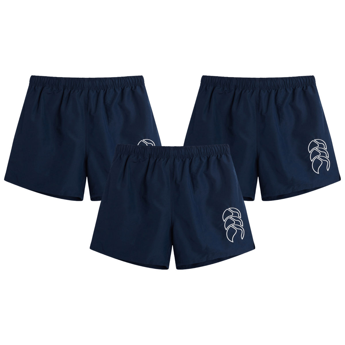 The Canterbury Tactic Short 3-Pack Bundle, featuring three pairs of dark blue shorts with a white logo on the left leg, is arranged in a triangular layout. Ideal for rugby enthusiasts seeking comfortable and stylish gear from Bundle Canterbury.
