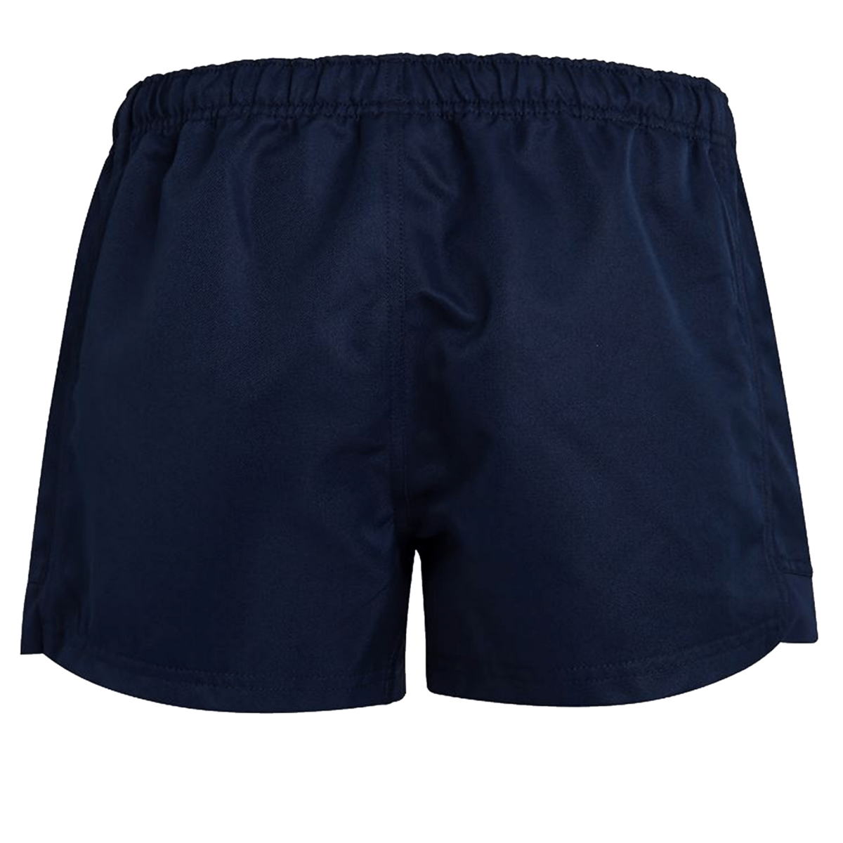 The Women&#39;s Canterbury Advantage Pro Rugby Shorts, by Canterbury, are navy blue with an elastic waistband and polyester construction for improved moisture management and shown from the back.