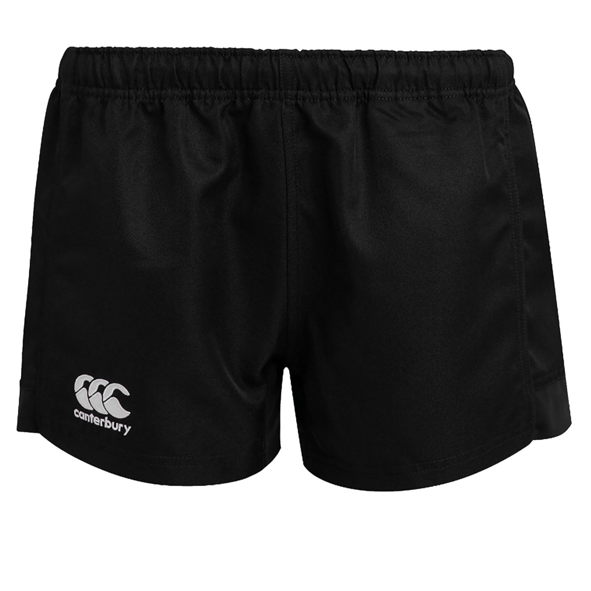 The Women&#39;s Canterbury Advantage Pro Rugby Shorts feature an elastic waistband and are made from polyester for optimal moisture management. They are black with a white brand logo on the left leg.