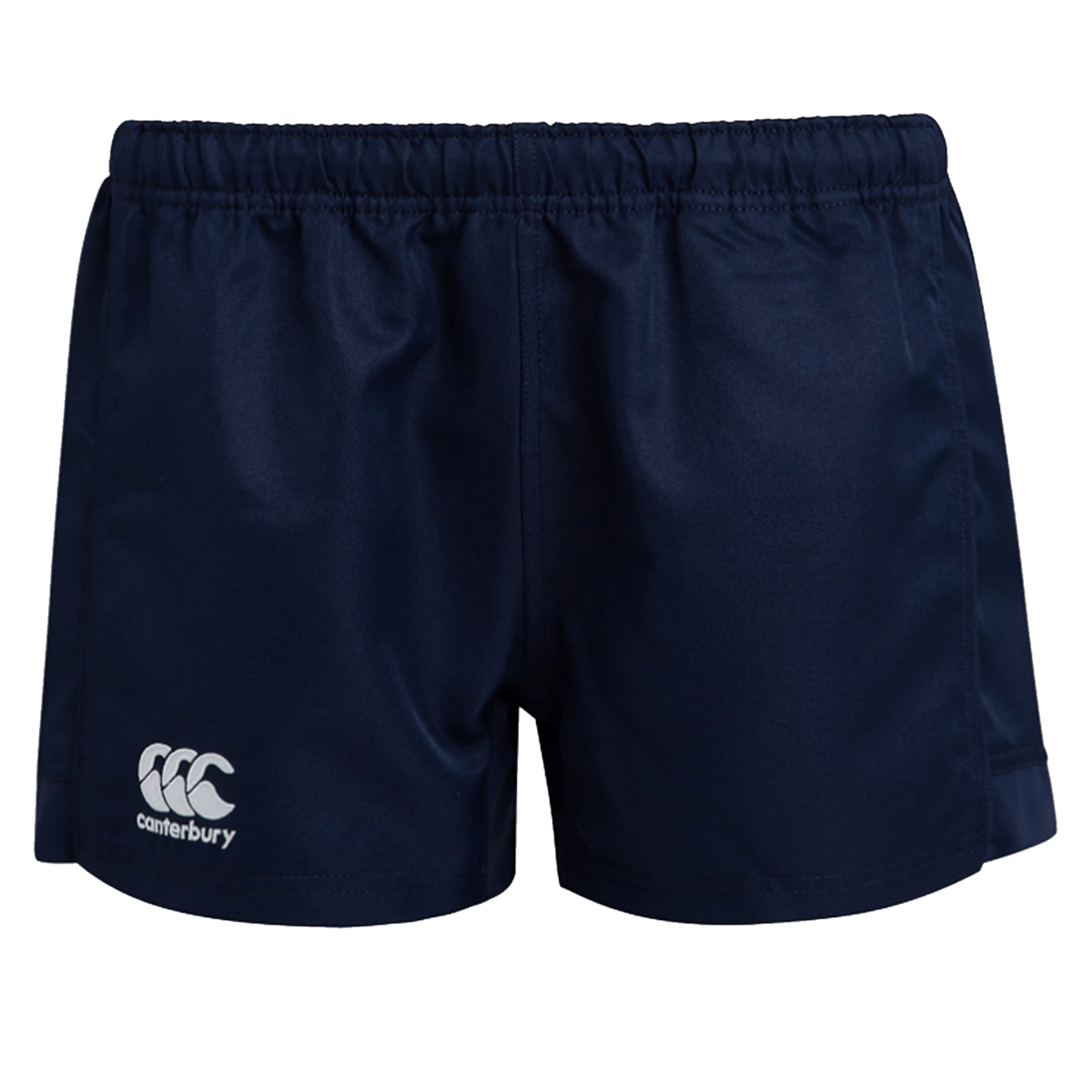 The Women&#39;s Canterbury Advantage Pro Rugby Shorts in navy feature an elastic waistband and a white Canterbury logo on the front left, crafted from durable polyester for effective moisture management during intense play.