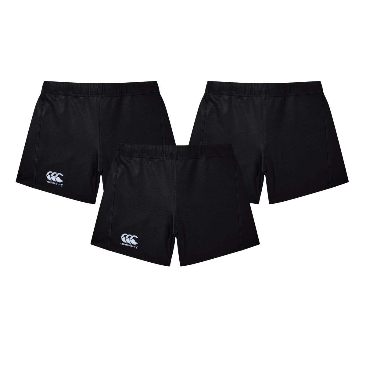 A 3-pack of black Yokohama rugby shorts for women with a white logo on the left leg, made by Canterbury. Crafted with Vapodri fabric, these shorts ensure optimal comfort and performance.