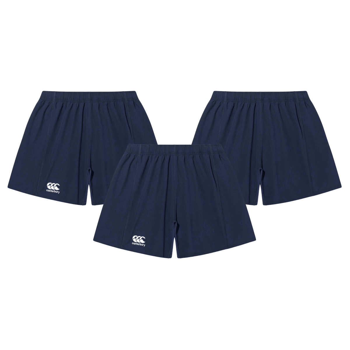 The Canterbury Yokohama Short 3-Pack Bundle includes navy blue shorts with elastic waistbands and a Canterbury logo on the left leg, displayed in a triangular pattern against a white background.