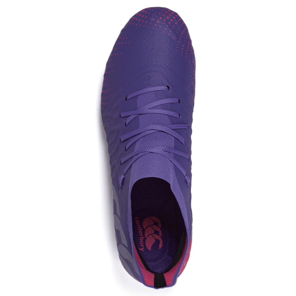 Top view of a single Canterbury Speed Infinite Elite FG - Prism Violet/Verbena athletic shoe with VAPOSKIN membrane and laces.