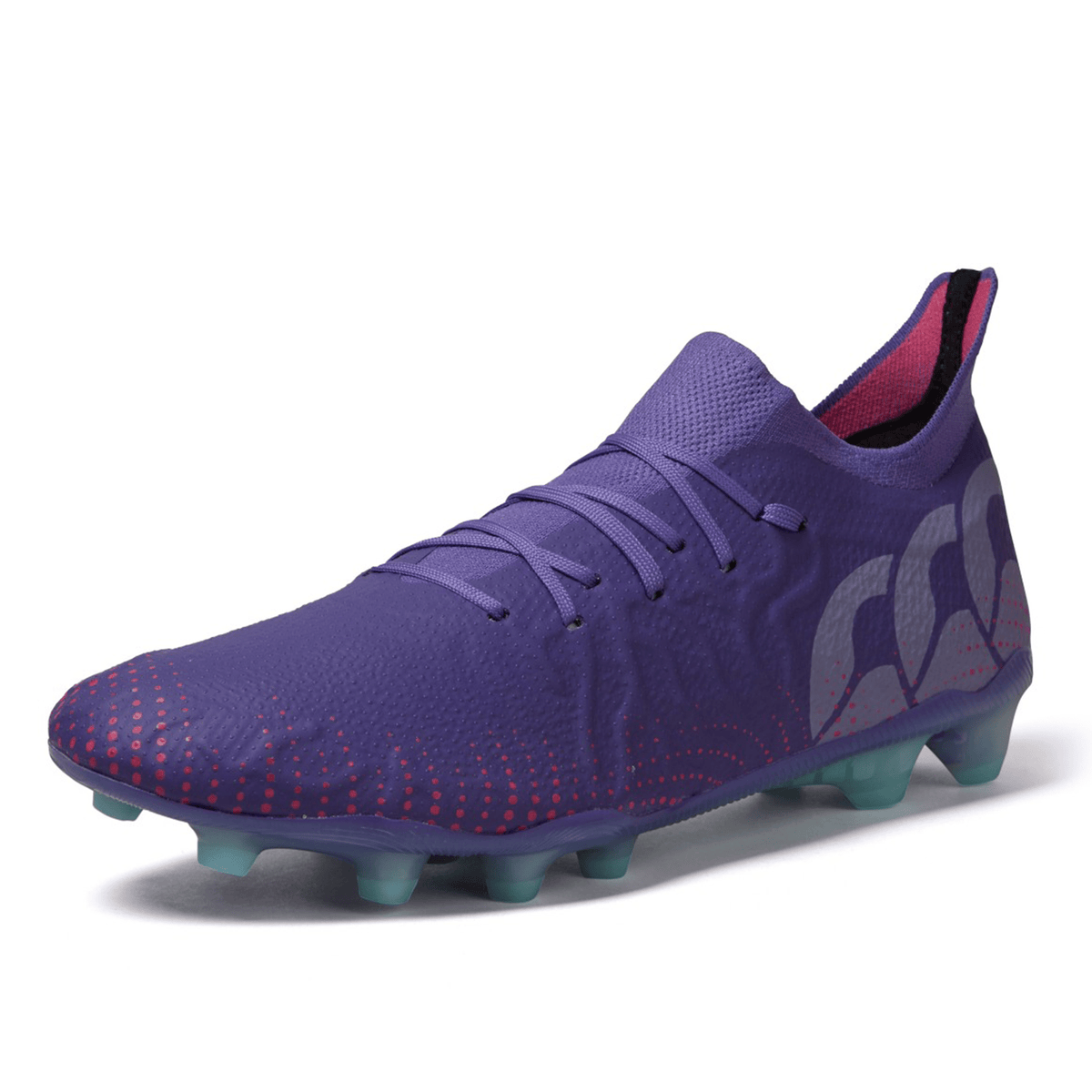 A single purple soccer cleat with a textured Canterbury VAPOSKIN membrane and dotted design elements, featuring lace-up closure and plastic studs on the sole for faster acceleration.