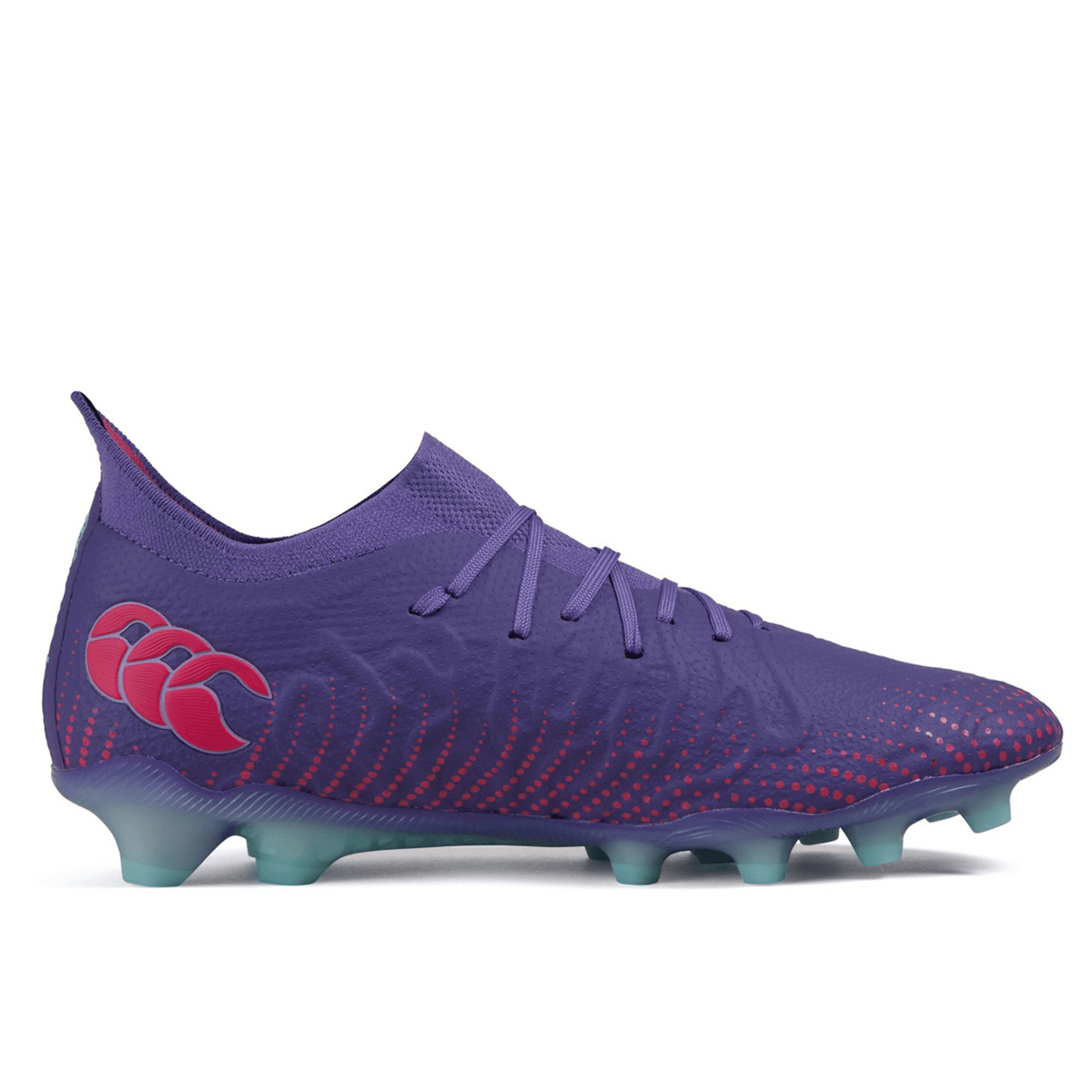 A single Canterbury Speed Infinite Elite FG - Prism Violet/Verbena soccer cleat with a dynamic design, studs on the sole, and featuring the VAPOSKIN membrane.