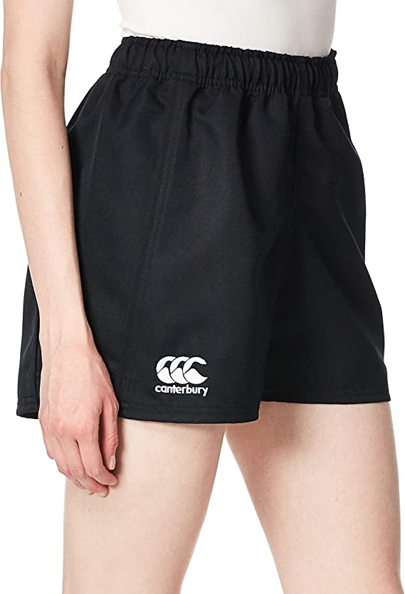 A person wearing Women&#39;s Canterbury Advantage Pro Rugby Shorts in black, made from durable polyester, with a stylish logo on the left leg and offering excellent moisture management.